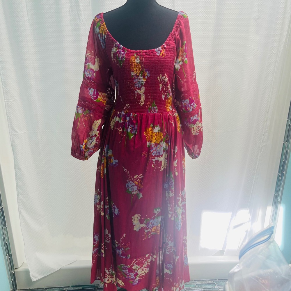 Free People Red Morning Glory Smocked Maxi Dress Balloon Sleeve Handkerchief Hem